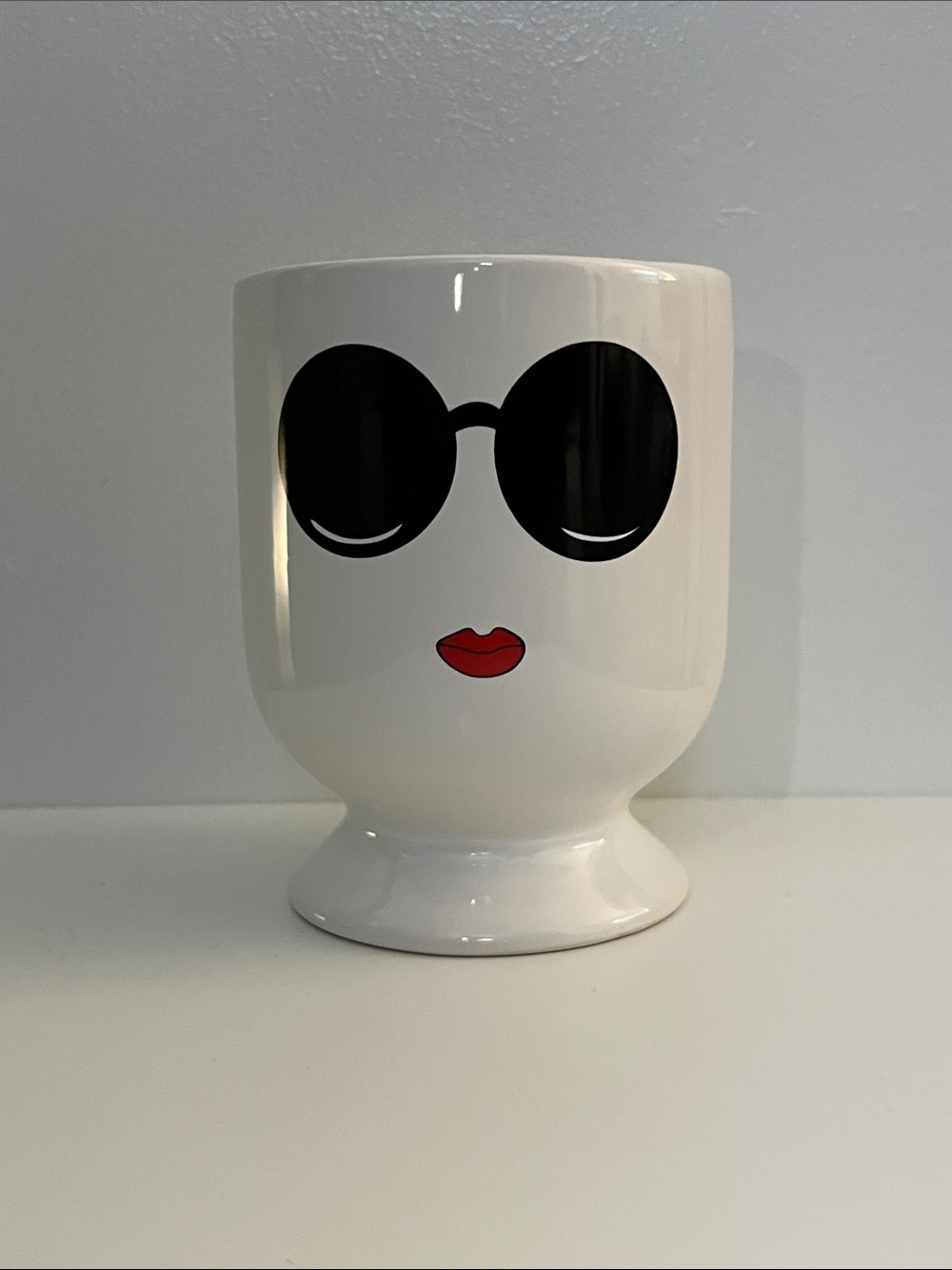 White Ceramic Face Vase with Black Sunglasses and Red Lips